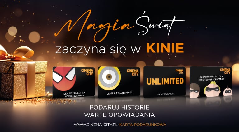 Grafika przedstawiająca karty podarunkowe Cinema City. Magia Świąt zaczyna się w kinie. Podaruj historie warte opowiadania.